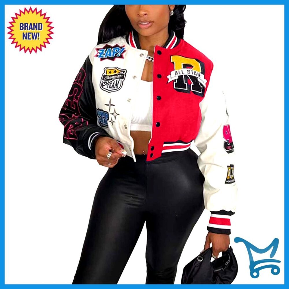 Cropped Varsity Bomber Jacket, Cotton Blend, Button Front, Pockets, Streetwear